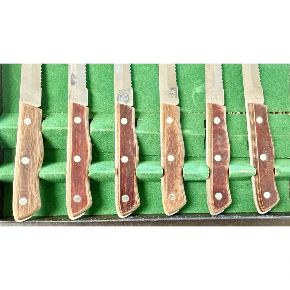 Vintage Maxam Steel Steak Knife Set 6pc Serrated Blades Japan Wood Handles
